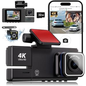 3 Channel Dash Cam, 5G WiFi Dash Camera for Cars, 4K UHD Dash Cam Front and Rear, Car Camera Built-in 32GB Card, Night Vision, G-Sensor, HDR, App Control, 24 Hours Parking Monitor, Loop Recording