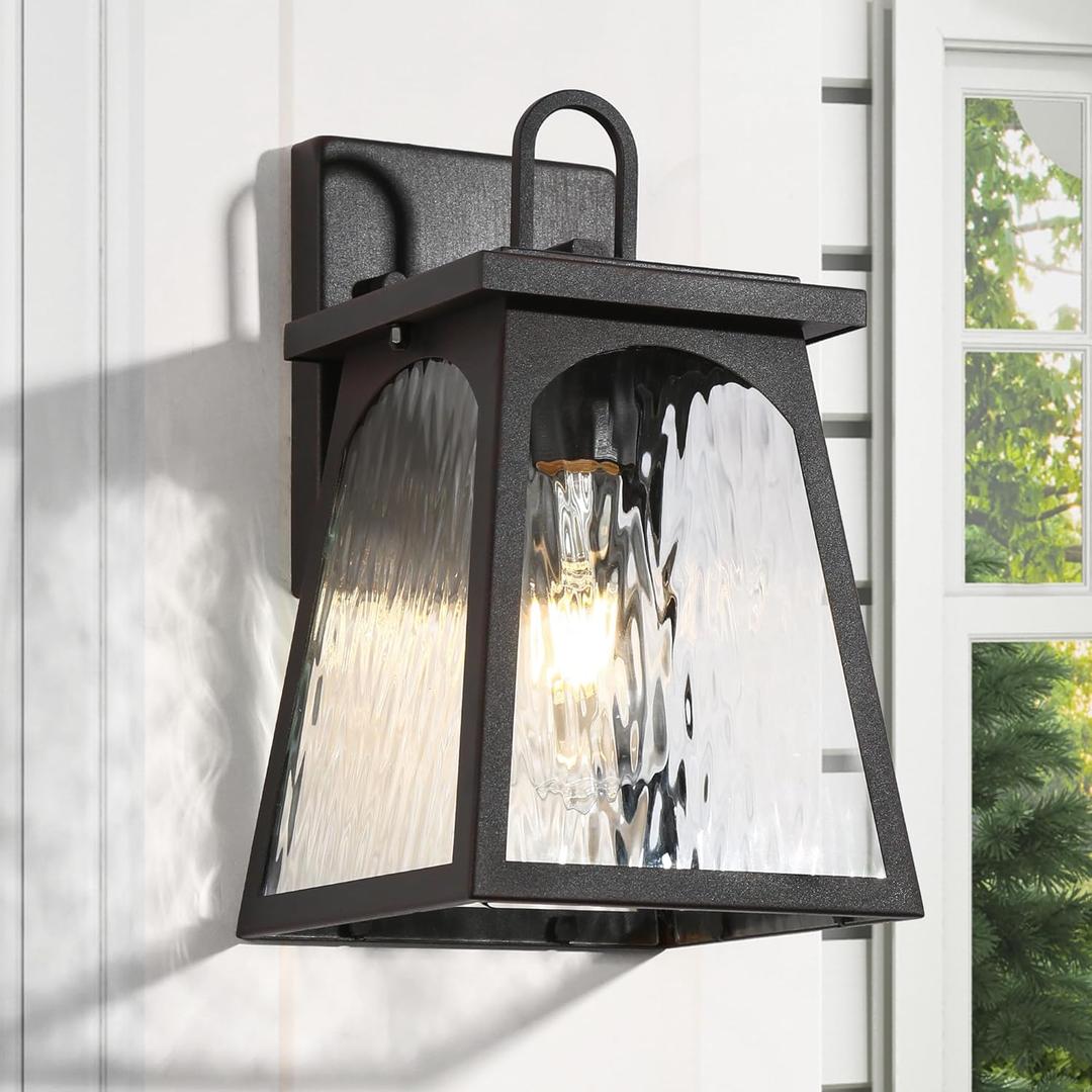 Black Farmhouse Outdoor Wall Lights, Modern Trapezoid Outdoor Exterior Light Fixtures Wall Mount with Water Ripple Glass, Waterproof Outdoor Wall Sconce Porch Lights for House, Front Door, Garage