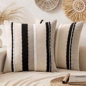 ANRODUO Pack of 2 Boho Decorative Throw Pillow Covers 20x20 Farmhouse Cushion Case Striped Chenille Pillow Cases Square Pillow Covers Accent Neutral Pillowcase for Sofa Couch Bed, Black-White Stripe 2