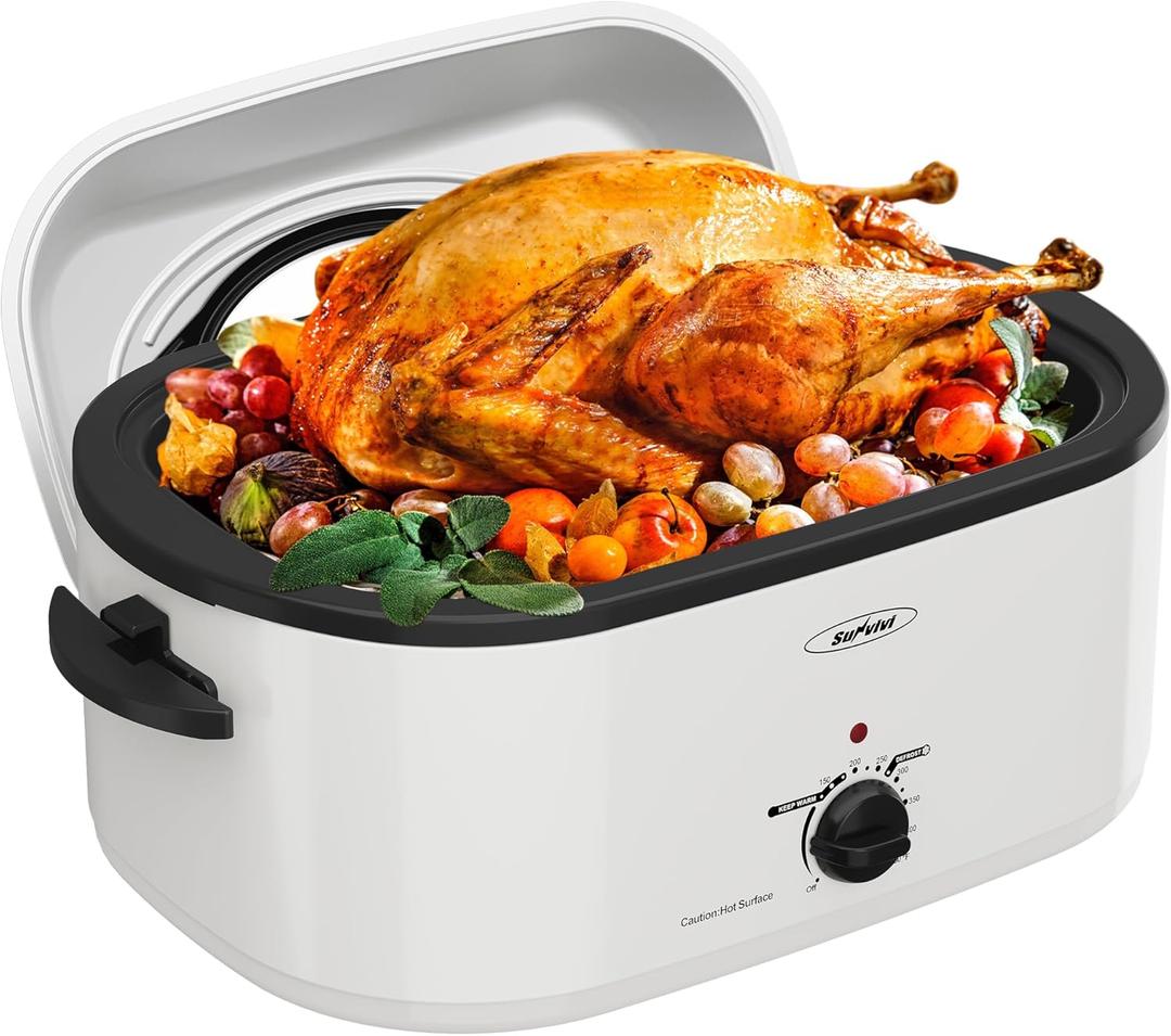 Sunvivi 22 Quart Electric Roaster with Visible & Self-Basting Lid, 30 lb Electric Turkey Roaster Oven with Removable Pan, Large Roaster with Removable Rack and Cool-Touch Handles, White