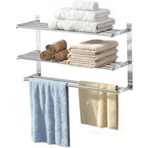 Towel Rack with Shelf 24 inch, 3 Tier Towel Racks for Bathroom Wall Mounted, Stainless Steel Bathroom Shelf with Double Towel Bars, Hotel Bath Towels Storage, Brushed Nickel