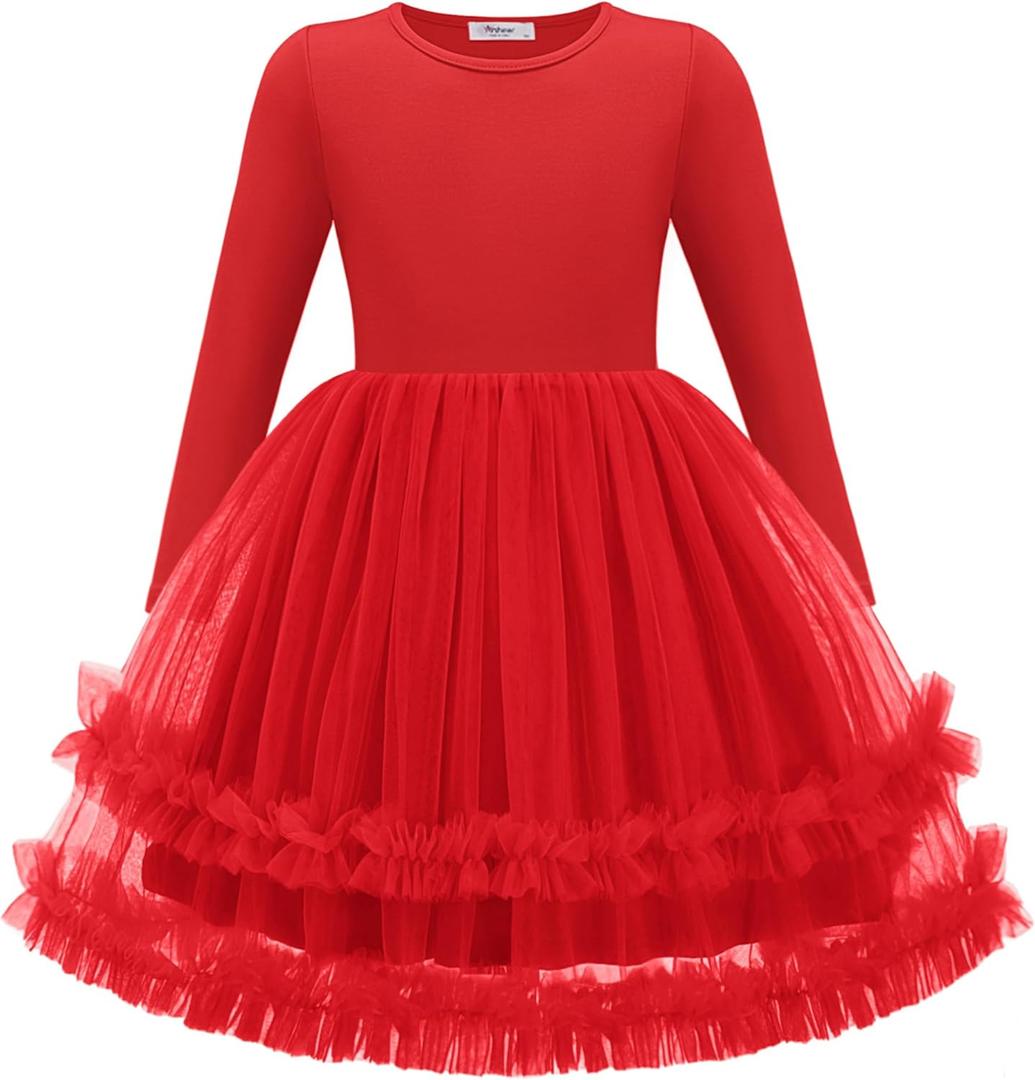 Arshiner Girls Tutu Dresses Toddler Fall Winter Long Sleeve Fluffy Tulle Party Dress for Kids 3-8Y (Red)