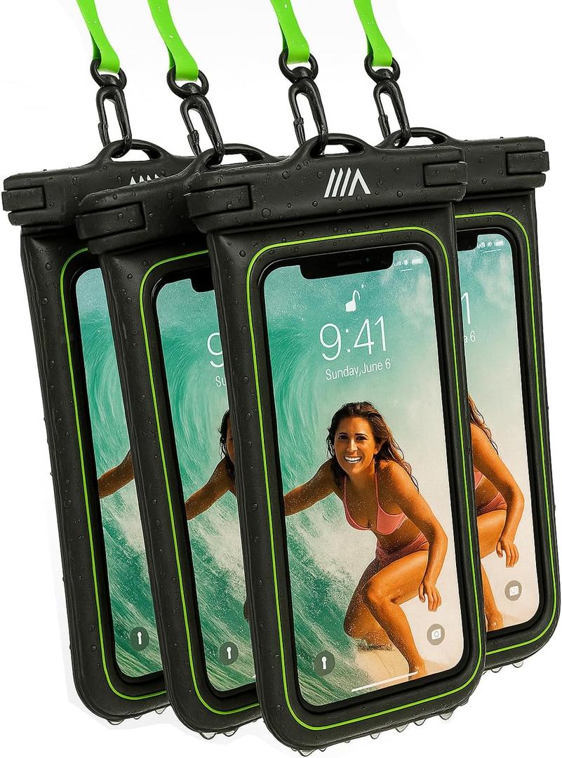 Waterproof Phone Pouch Floating Design No Sink Waterproof Phone Case - Beach Pool Travel Essentials - Works w/All Phones - Detachable Lanyard - Black/Hi-Vis, Green, Set Of 4