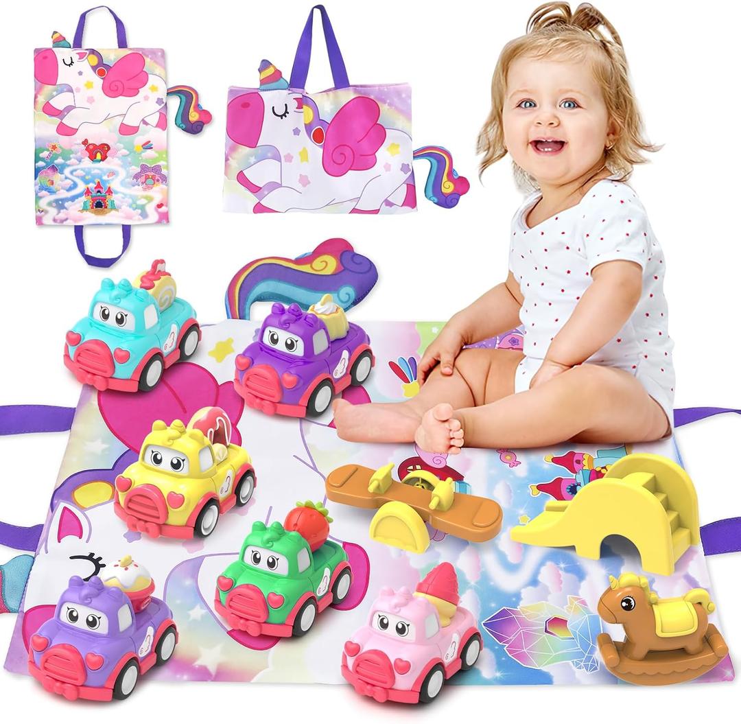 Toddler Car Toys, 10 PCS with Playmat/Storage Bag, Toys for 2-4 Year Olds, Birthday Gift/Christmas (Light Pink)