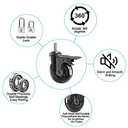 3" Caster Wheels,Heavy Dudy Swivel Casters Set of 4 (2 with Matel Brake,2 No Brake) 3/8"-16x1"Threaded Stem Casters,No Noise Rubber Wheel Industrial Castor Replacement for Furniture,Cart