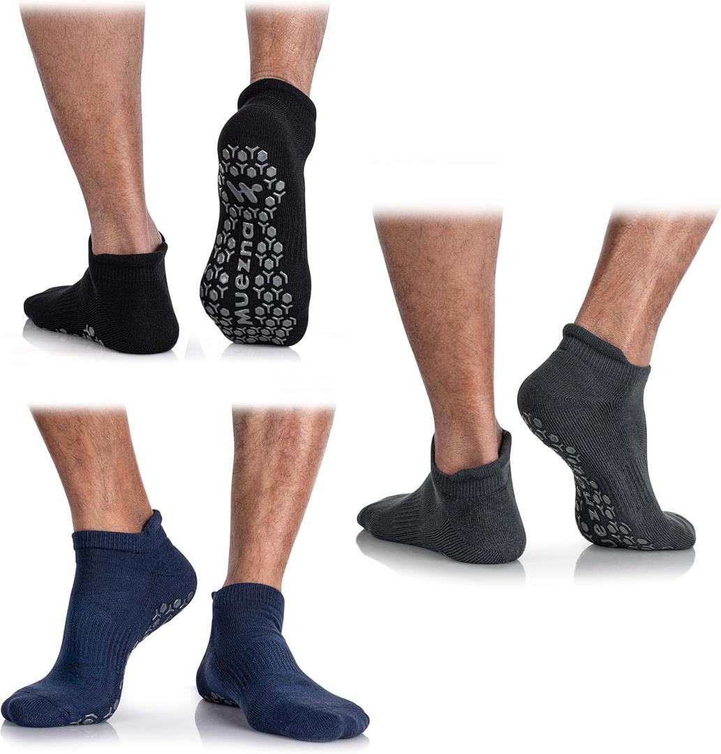 Muezna Men's Non-Slip Yoga Socks, Anti-Skid Pilates, Barre, Bikram Fitness Hospital Slipper Socks with Grips (12-14, Black+grey+blue -3 Pairs)
