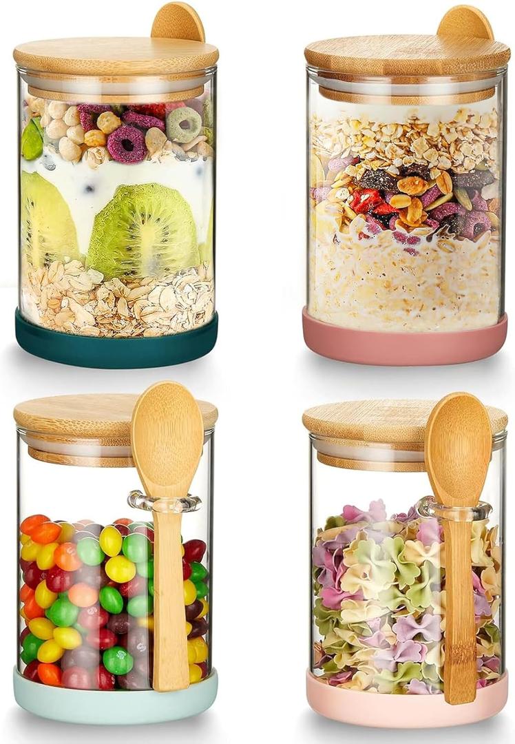 Mfacoy Set of 4 Airtight Glass Jars with Bamboo Lids & Spoons, 17 oz Borosilicate Overnight Oats Containers with Lids, Clear Food Storage Canister for Cookie, Candy, Coffee, Sugar, Matcha Tea, Flour