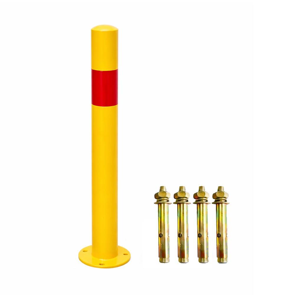 Safety Bollard, 30 Heavy Duty Steel Bollard Post with Reflective Band, 5 Base Plate, Yellow Traffic Barrier Post for Driveway, Parking Lot, Warehouse & Road Safety