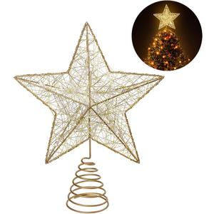 Cabilock Christmas Star Tree Topper, 9.8in Golden LED Lights Hollow Star Tree Topper, Battery Power 3D Xmas Glitter Ornaments for Christmas New Year Holiday Decoration