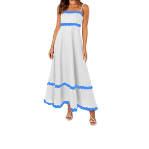 Women Rickrack Trim Flowy Spaghetti Strap Maxi Dress Sleeveless Tiered Flared Long Dress 2024 Summer, Small