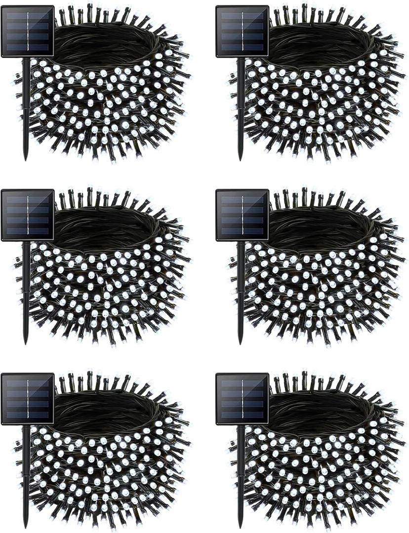 6 Pack Christmas Solar String Lights Outdoor Waterproof, 198FT 600 LED Green Wire Solar Fairy Lights with 8 Modes, Solar Twinkle Lights for Garden Tree Patio Fence Christmas Decorations (Cool White)