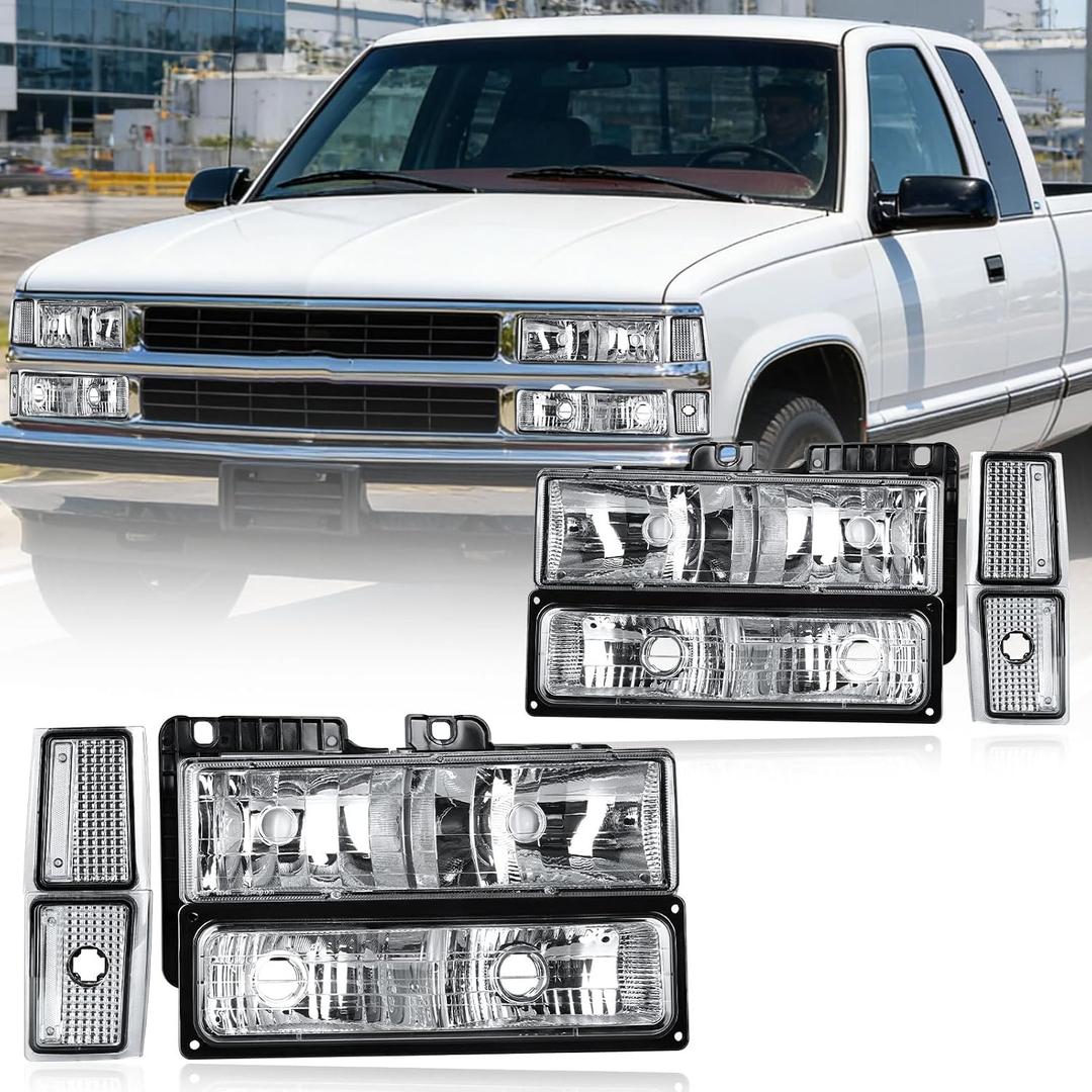 Headlight Assembly, Compatible with 1994-1998 Chevy Silverado Tahoe Suburban C10, Fit for 1994-1998 Chevy C/K 1500 2500 3500, Fit 1994 Blazer Headlamp Chrome Housing Clear Reflector