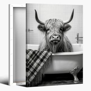 Black and white highland cow bathroom funny canvas wall art for living room farmhouse posters prints vintage modern wall art decor bedroom poster print Framed16x24inch (16x24inchFramed)