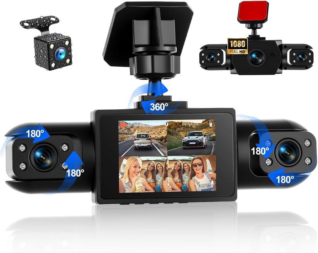 Dash Cam Front and Rear, 1080P Dash Camera for Cars, 4 Channel Car Camera Front Rear and Inside with Loop Recording, Night Vision, HDR, 24Hr Parking, G-Sensor, Night Vision