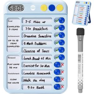 Magnetic Chore Chart for Kids with Timer, Visual Schedule for Kids, ADHD Tools to Do List, Checklist with 99-Min Countup/Countdown Chore Board with Sliders & Dry-Erase Sheets (Blue)