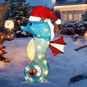 Outdoor Beach Christmas Decorations, 26.7 Inch 3D Lighted Seahorse Coastal Christmas Yard Decor with Santa Hat and Ball, Lighted Xmas Holiday Lawn Stakes for Home Party Garden Patio Display