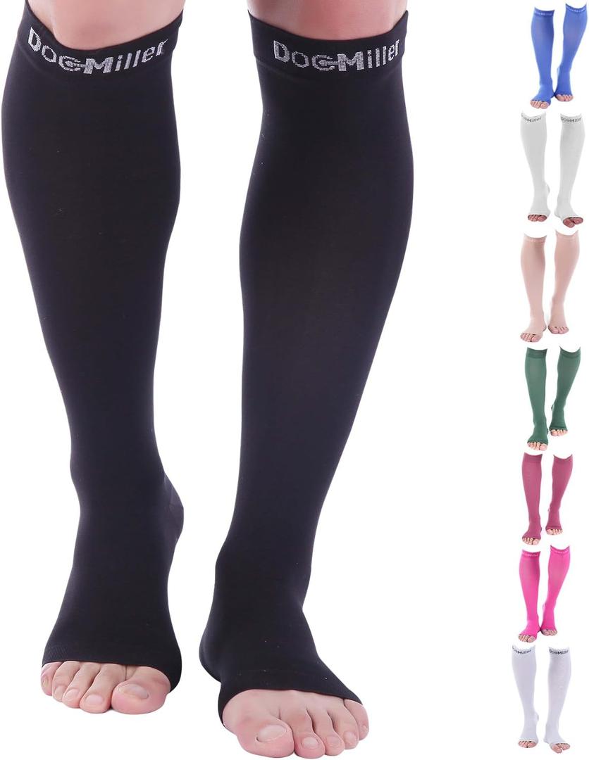 Doc Miller Open Toe Compression Socks, 20-30 mmHg, Toeless Compression Sleeves for Legs, Knee High Stockings for Shin Splints, Varicose Veins, Travel, Calf Support & Muscle Recovery, Men & Women, Pair (Large, Black)