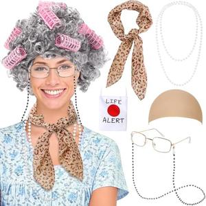 Boutrele Old Lady Costume for Kids Women,Old Lady Wig for 100 Days of School,Granny Grandma Costumes Wig Accessories