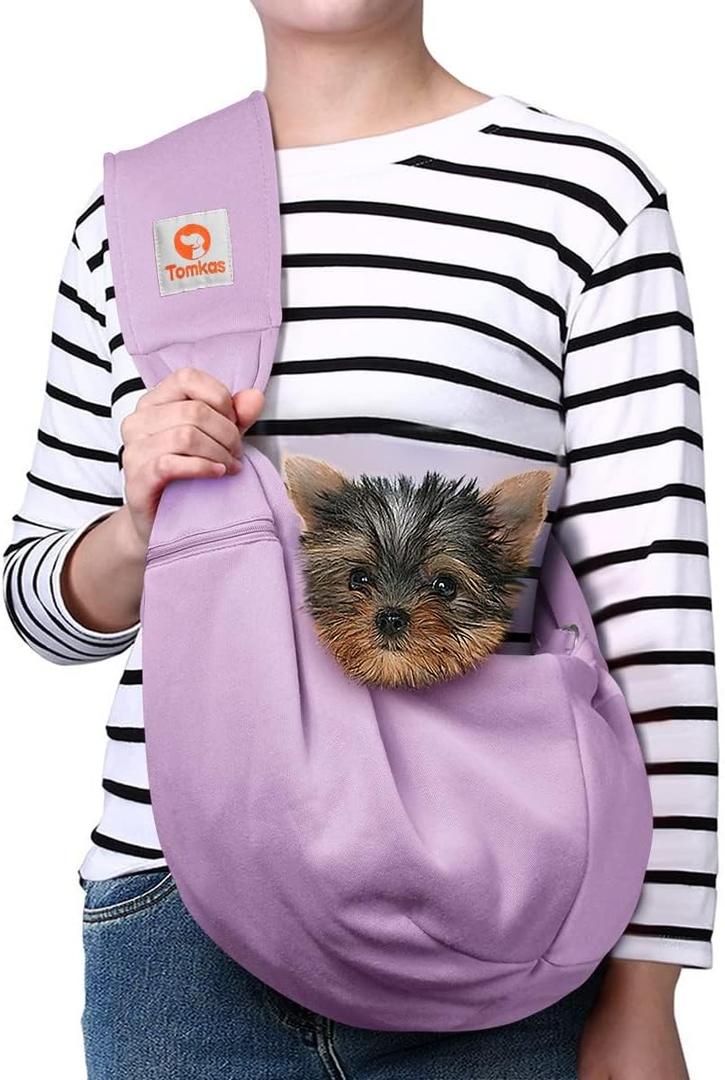 Tomkas Small Dog Sling Carrier - Zipper Pocket & Adjustable Strap - for 3-10 lbs Pets (Light Purple)