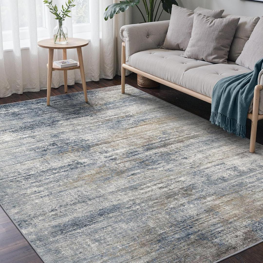 BEIMO Area Rugs 8x10 for Living Room Bedroom, Modern Abstract Machine Washable Rug, Large Soft Low Pile Floor Carpet with Non Slip Backing for Dining Room, Denim Blue/Taupe