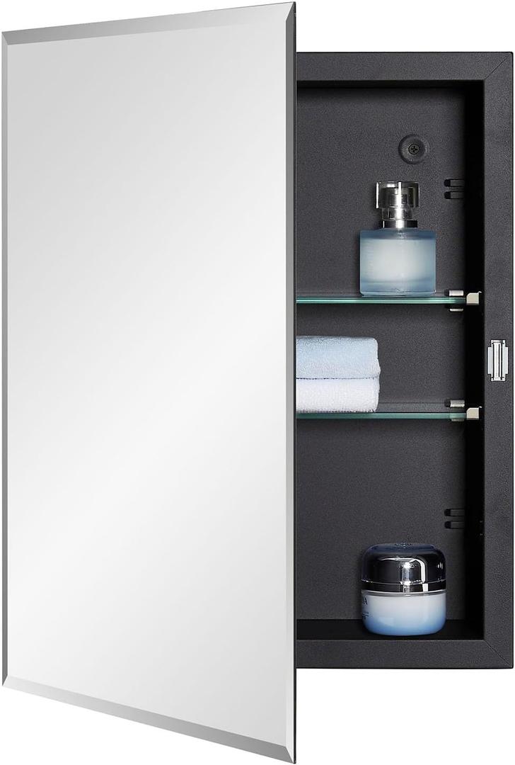 IDYLLOR Black Bathroom Medicine Cabinet with Beveled Edge Mirrored Door 14 x 18 inch, Recessed or Surface Mount, with Adjustable Glass Shelves