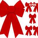 6 PCS Christmas Decorations, 9 x 12 Inches Large Christmas Bows, Red Velvet PVC Hanging XmasTree Decorations Indoor Outdoor Xmas Decor for Home Party Wreath Fence Fireplace Stairs Railing Door