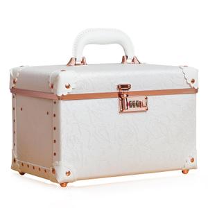Urecity Vintage Makeup Train Case with Rose Gold Hardware, White Embossed Pattern, Combination Lock Security, Portable Cosmetic Storage Box with Handle (Medium (Length: 12.5"))