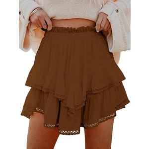 Flowy Shorts for Women Casual Boho Ruffle Tiered Skorts High Waist Mini Skirts Golf Tennis Crochet Shorts (Brown, XXL)