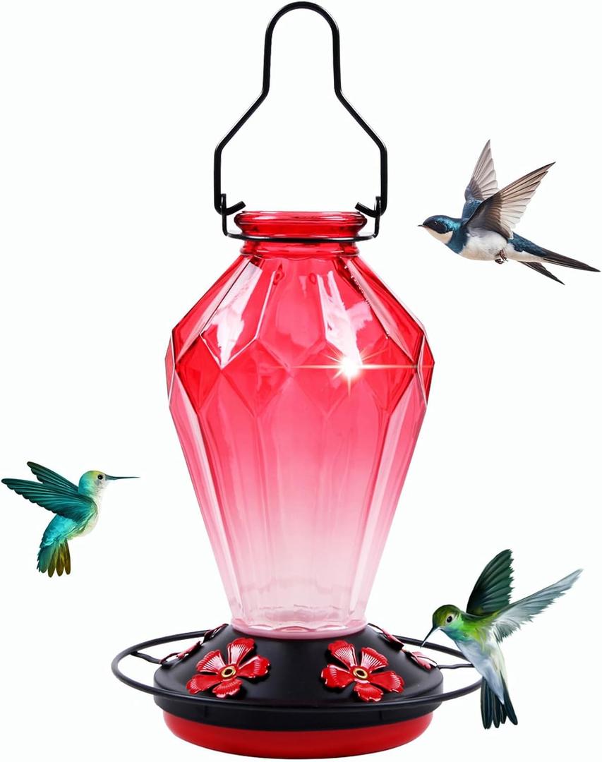 Glass Hummingbird Feeder for Outdoors Hanging, 25Oz Humming Bird Nectar Feeder, Perch, 5 Flower Feeding Ports, Leak Proof Base, Hook for Outside Garden Backyard, Gift for Women Mom, Diamond Red