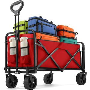 Collapsible Wagon 220 lbs, Heavy Duty Wagon Carts Foldable, Portable Wagons for Groceries, Beach Cart with All-Terrain Wheels & Drink Holders, Utility Wagons for Shopping, Sports, Camping, Red