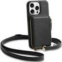 ZVE for iPhone 15 Pro Wallet Case, Crossbody Phone Purse with Card Holder for Women, Zipper Leather RFID Blocking Carrying Cover with Wrist Strap for iPhone 15 Pro 6.1 inch- Black