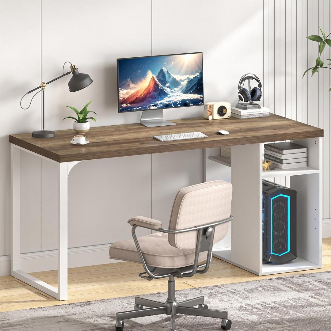 EXCEFUR Modern Computer Desk for Home Office, PC Gaming Desk with Reversible Storage Shelves, Study Writing Table Workstations for Living Room, 53 Inch, Rustic Oak and White