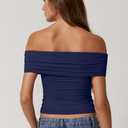 QINSEN Womens Off The Shoulder Tops Double Lined Short Sleeve T Shirts Slim Fitted Stretchy Crop Top (Blue, M)