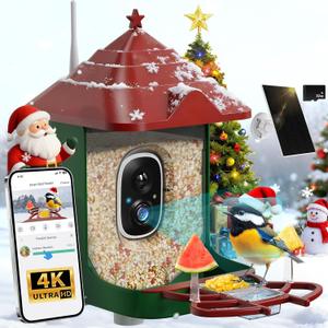 Smart Bird Feeder with Camera, Solar Panel & 5200mAh Battery, 4K HD Video, AI Identification, Instant Arrival Alerts & Alarm, IP65 Weatherproof, 32GB Card, 2L Capacity, for Bird Lover (Red Green)