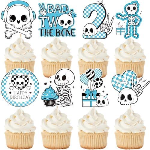 iPartyGo Bad Two Cupcake Decorations - 24 Pcs Blue Skeleton Skull The Bone Cake Toppers Set 2nd Birthday Dessert Decor Rock and Roll Music Themed Second Party Supplies Favors for 2 Years Old Boys, Pack of 2