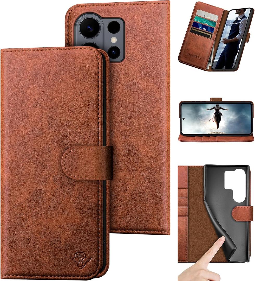 DuckSky Compatible with Samsung Galaxy S26 Ultra Genuine Leather Wallet caseRFID Blocking4 Credit Card HolderReal Leather Flip Phone case Cover Women Men for Samsung S26 Ultra case Light Brown