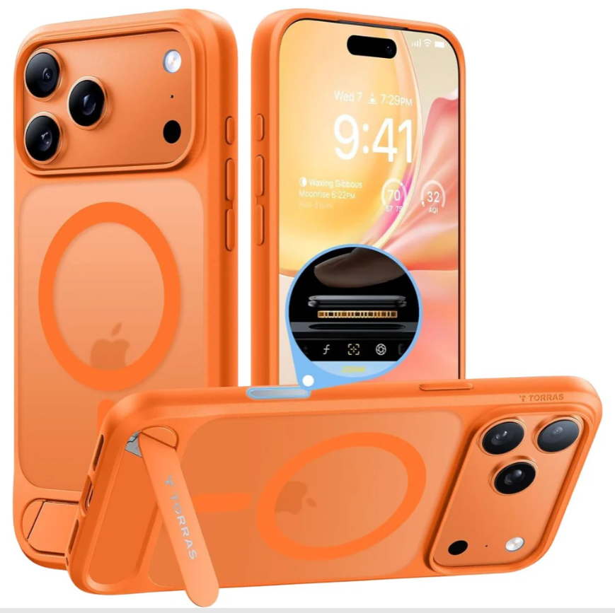 TORRAS Strong Magnetic & Seamless Stand for iPhone 17 Pro Case, Fit for MagSafe, Militray Grade Protection, Built-in Kickstand, Camera Control, Translucent Slim 17 Pro Cover Ostand, Neon Orange