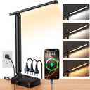 LED Desk Lamp with Power Strip, 3 AC Outlets & 4 USB Ports (2 USB-C), Step less Dimming & 2800K-6500K Eye-Caring Desk Light, Foldable Table Lamp with 5FT Cord for Home Office, Dorm Room Essentials