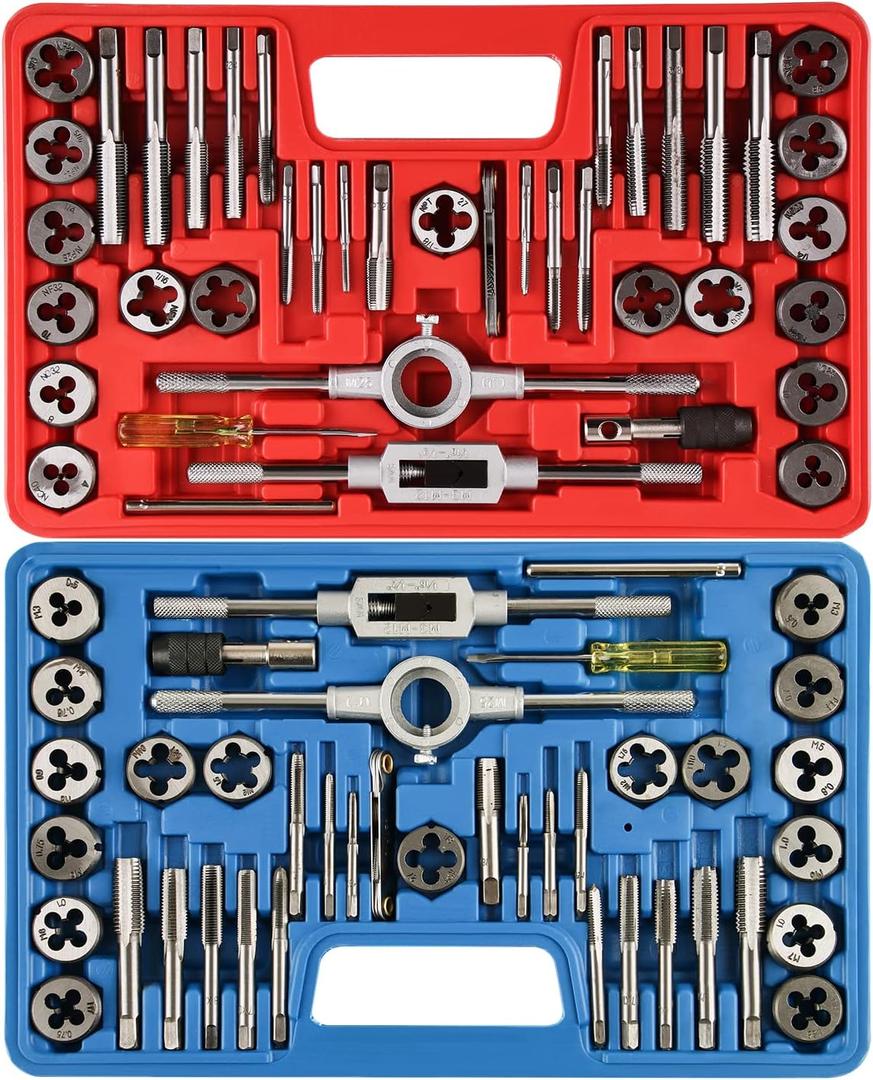 Anfrere 80pcs Tap and Die Set, SAE & Metric Tap Die Wrench Set, Metric Standard M3 to M12 Coarse Fine Rethreading Threads Bits for Cutting External and Internal Threads, NC, NF, NPT Repair Tools