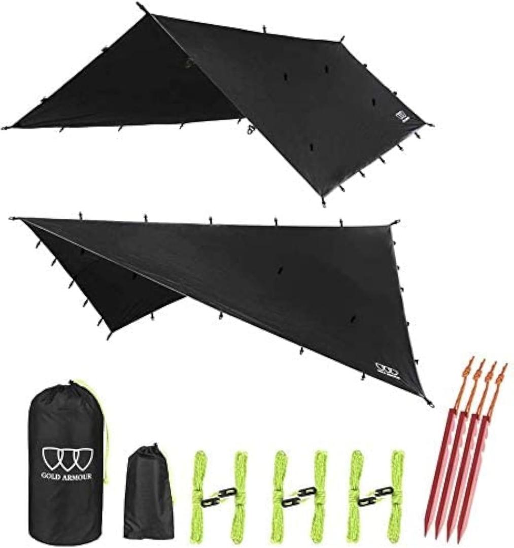 Gold Armour Rainfly Tarp Hammock, Premium  Rain Fly Cover, Waterproof Ultralight Camping Shelter Canopy, Survival Equipment Gear Camping Tent Accessories (Black 10ft x 10ft)