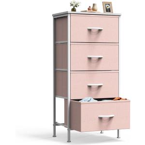 DUMOS Nightstand with 4 Drawers Bedside Table with Removable Fabric Bins Sturdy Steel Frame Wood Top Organizer Furniture for Bedroom Closet Living Room,Pink, 11.82"D x 17.71"W x 37.4"H