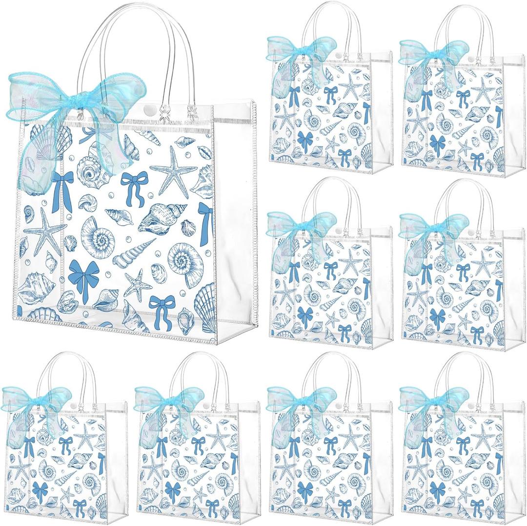 Motipuns 24 Pcs Beach Clear PVC Gift Bags with Handles and Ribbon Beach Bows Blue Party Favor Reusable Ocean Seashell Conch Starfish Plastic Goodie Candy Treat Bags for Birthday Party Supplies