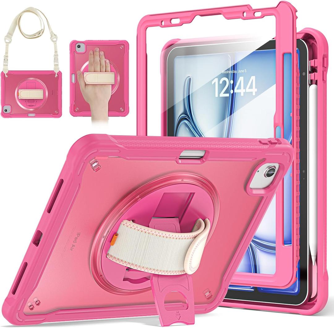 BRAECNstock Case for iPad Air 11-inch M4 2026/ M3 2025/ M2 2024 and Air 5th/4th Gen 10.9 & Pro 11-inch 1st-4th 2018-2022 Kids Cover with Pencil Holder,Screen Protector,Handle Stand-Rose Red