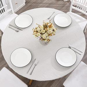 Round Vinyl Fitted Tablecloth with Flannel Backing Elastic Edge Design Table Cover Waterproof Oil-Proof PVC Table Cloth Stain-Resistant Wipeable for Round Table