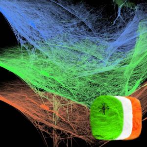 Ahuimeius 3 Colors 900 sqft Halloween Glow Spider Webs Indoor & Outdoor Spooky Spider Webbing with 55 Fake Spiders for Halloween Decorations, White, Green and Orange with Blacklight Lamp