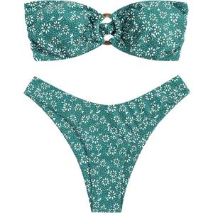 ZAFUL Women's Bandeau Bikini O Ring Strapless Tie Back High Cut Two Piece Swimsuit Bathing Suits (5-Floral Green, S)