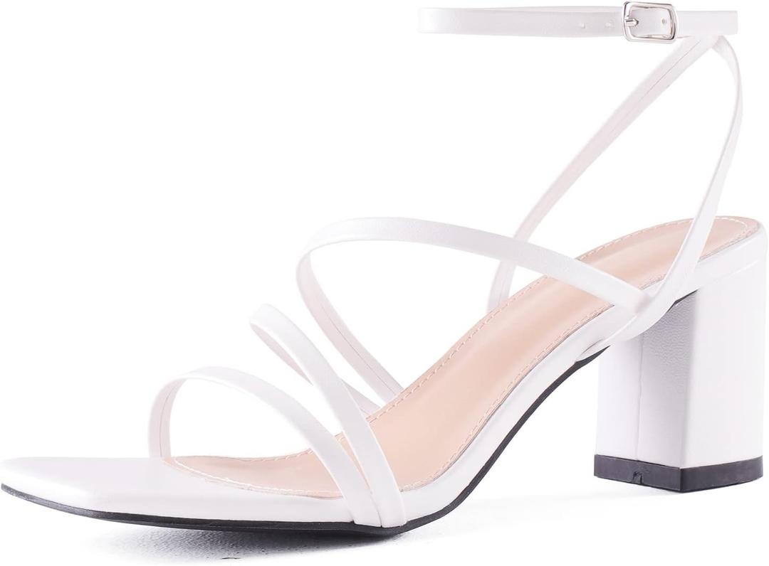 LACUONE Strappy Heels for women Block Heels Square Toe Chunky Ankle Buckle Pump Heeled Sandals (8.5, White)