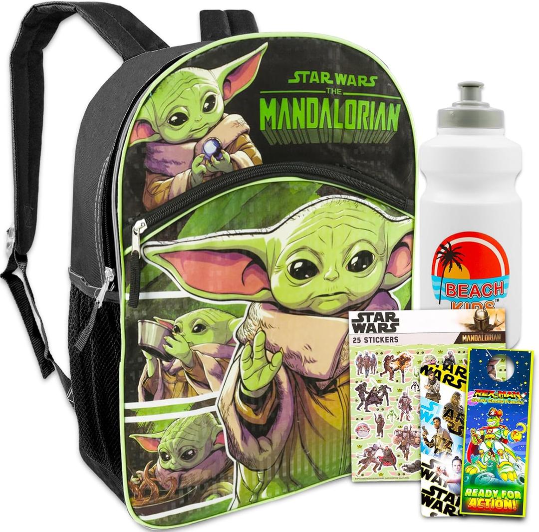 Baby Yoda Backpack for Boys 8-12 Set - Mandalorian Backpack for Boys Bundle with Water Bottle, Stickers, More | Star Wars School Supplies