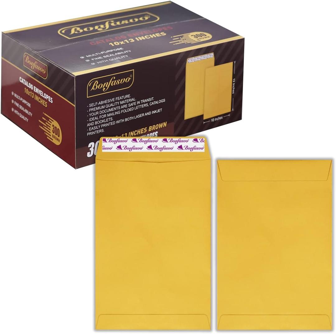 Bonfasvo 300 Pack 10x13 Brown Catalog Envelopes Peel & Seal Security Mailing Envelopes 120GSM Kraft Paper self Seal Envelopes for Invitations Papers Photos Documents Pictures Papers Files