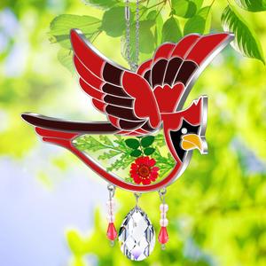 KY&BOSAM Crystal Cardinal Suncatcher Mom Gift Had Painted Glass Sun Catchers for Windows Hangings Ornament with Pressed Flower and Heart Charm Birthday Gifts for Women Mom Mothers Day Christmas